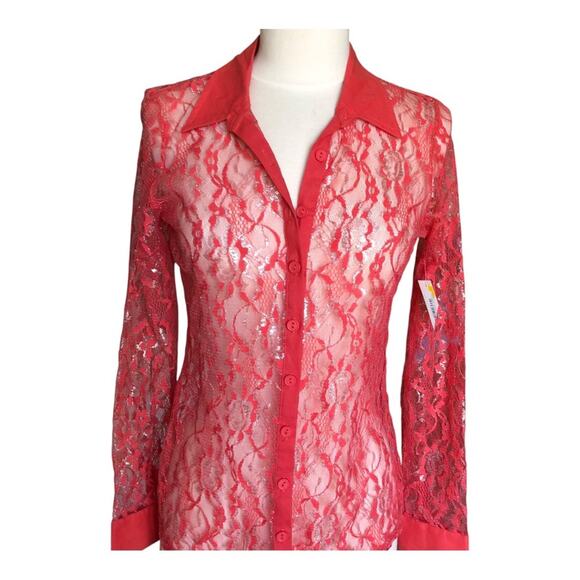 Bongo Y2K Flair Coral Lace Subtle Silver Metallic Collar Button-Up Shirt Medium - Picture 2 of 10